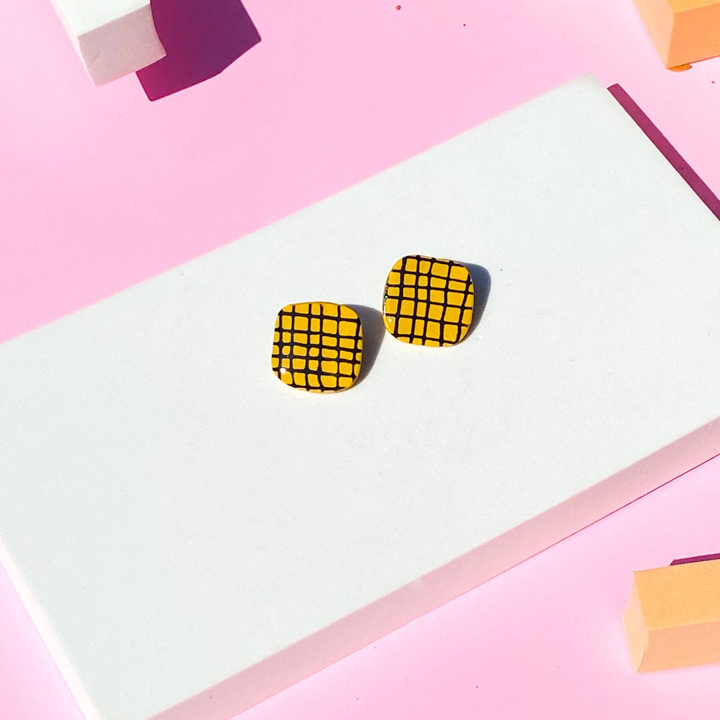 Rounded Polymer Clay Stud Earrings in Wavy Grid: Mustard Yellow