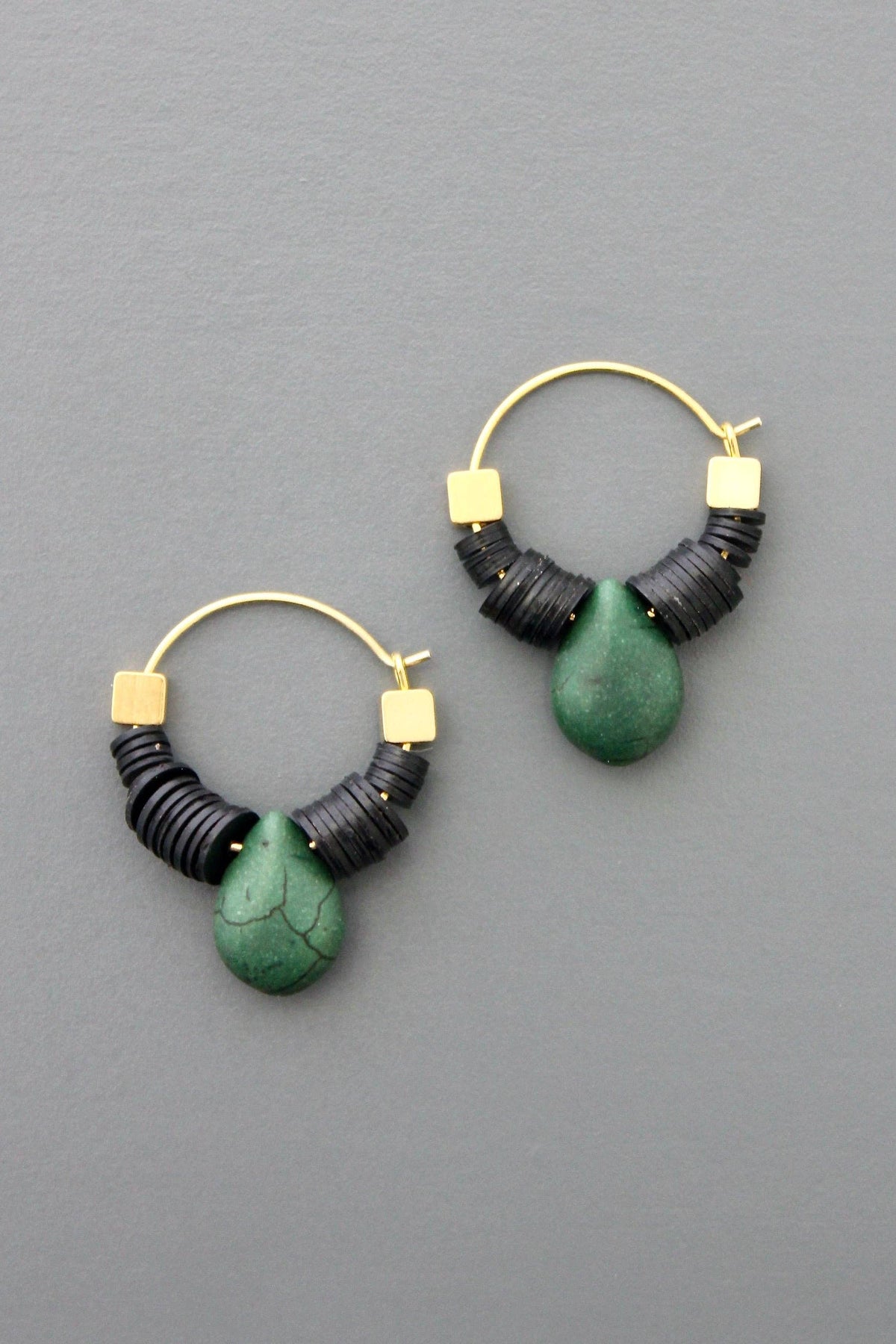 Small green teardrop hoop earrings