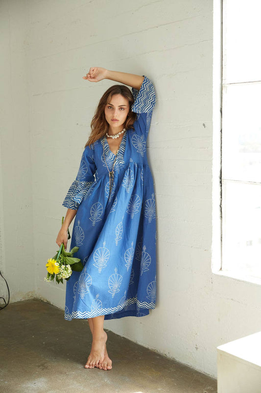 Block Printed Bell Sleeve Dress (Bhavani-Egyptian Blue)