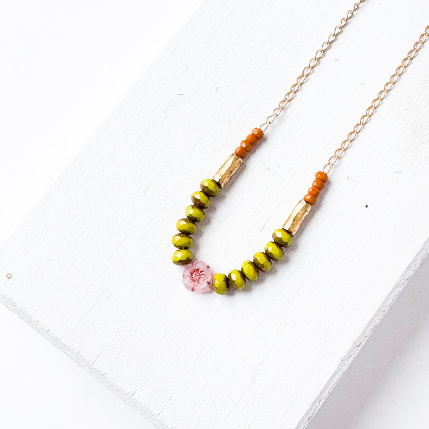 Dainty flower necklace with chartreuse beads