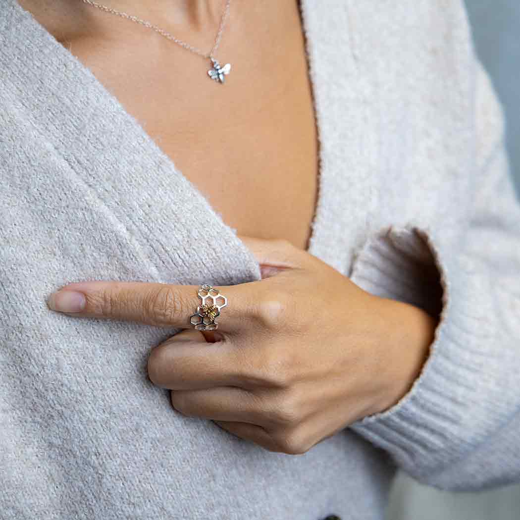 Honeycomb Ring with Bronze Bee