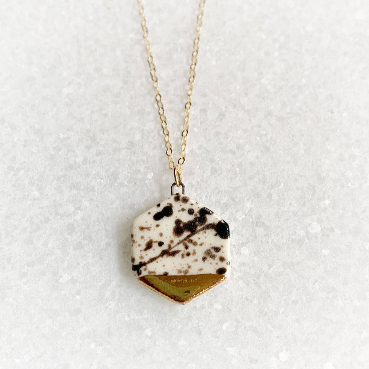 Small Hexagon Necklace - Black Splatter/Gold