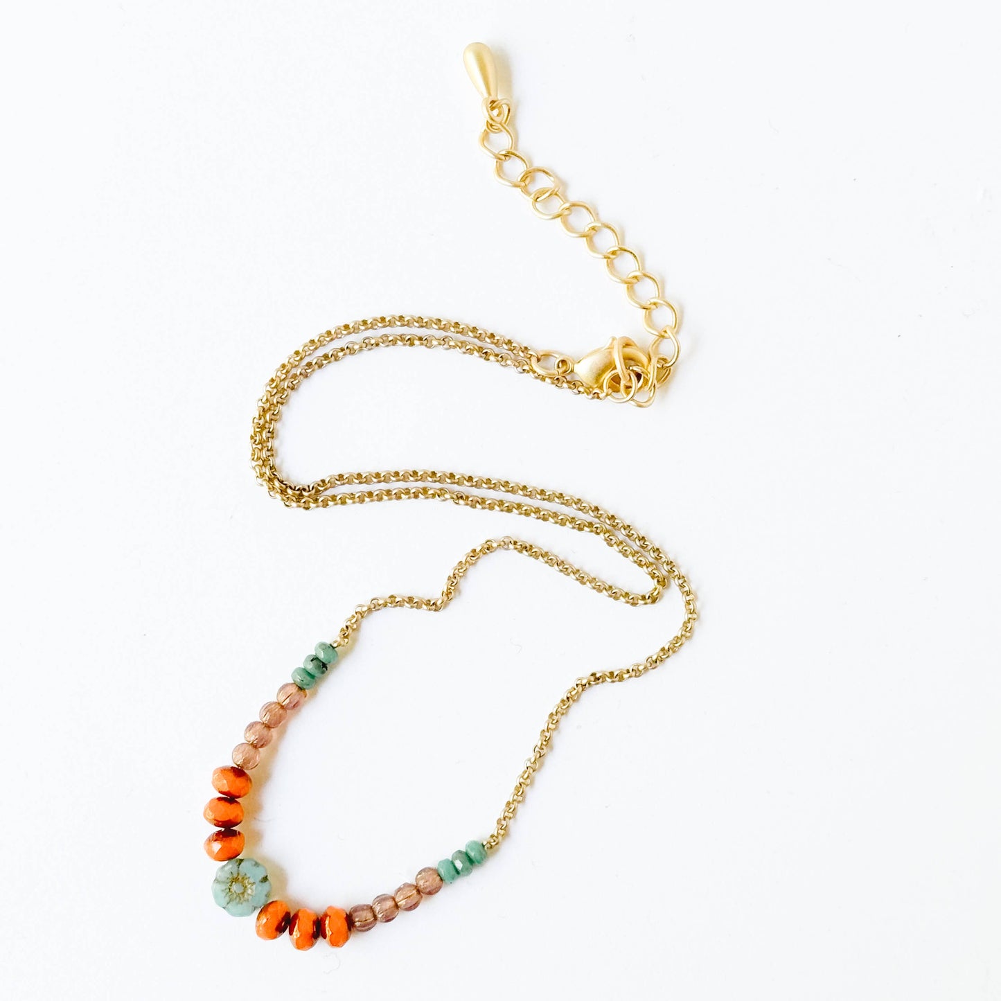 Tiny Blue Flower Necklace With Orange Beads