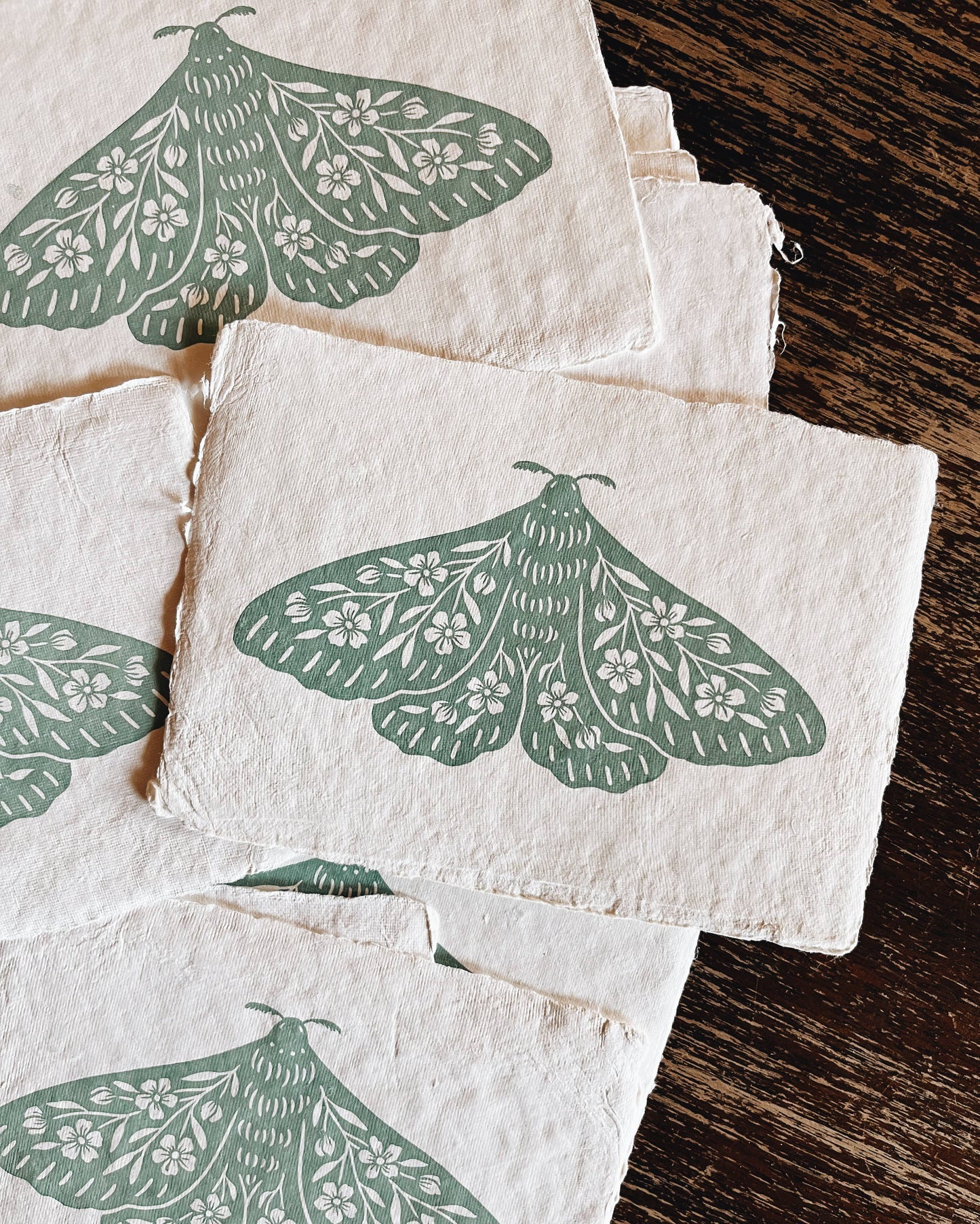 5x7 Seafoam Floral Moth Block Print