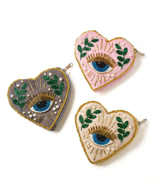 Manku Beaded Heart Zippered Coin Purse Pouch