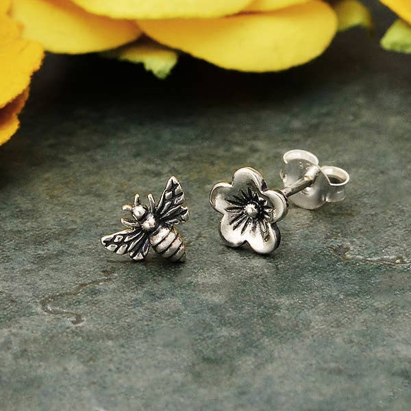 Sterling Silver Cherry Blossom and Bee Post Earrings