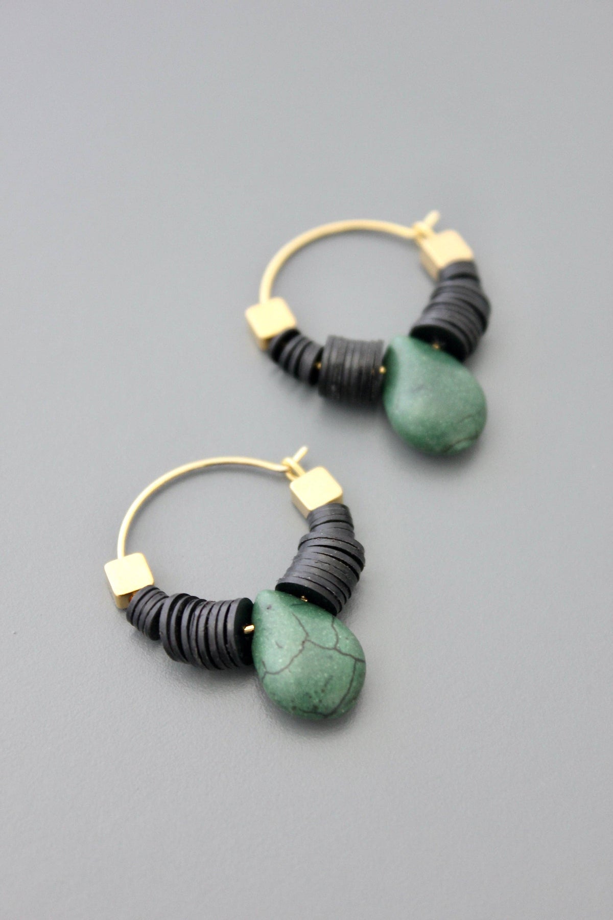 Small green teardrop hoop earrings