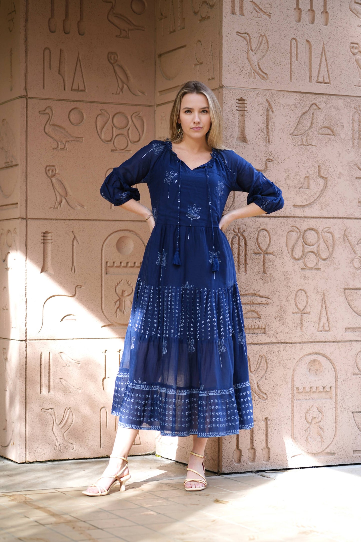 Bells Maxi Dress Hand Block Printed Blue