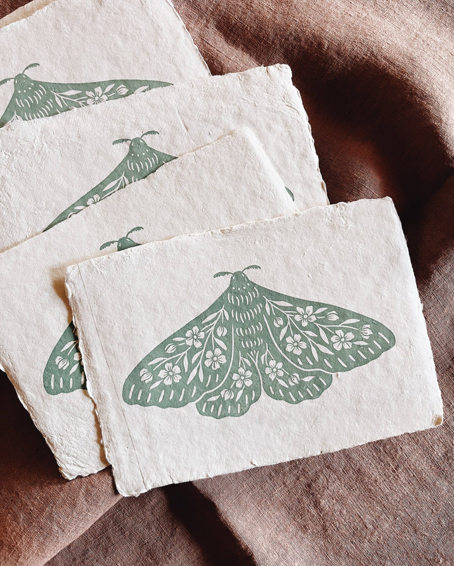 5x7 Seafoam Floral Moth Block Print