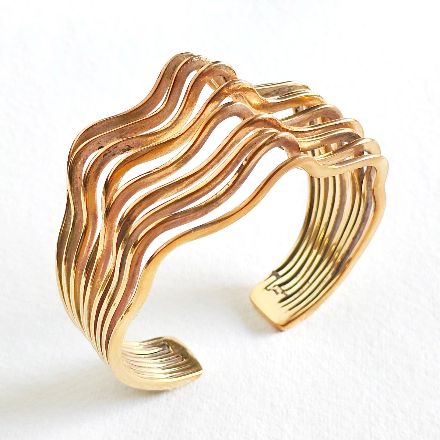 Brass Layered Waves Ripple Cuff Bangle