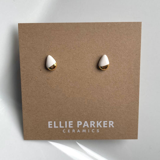 Teardrop White Ceramic Earrings with Gold Luster
