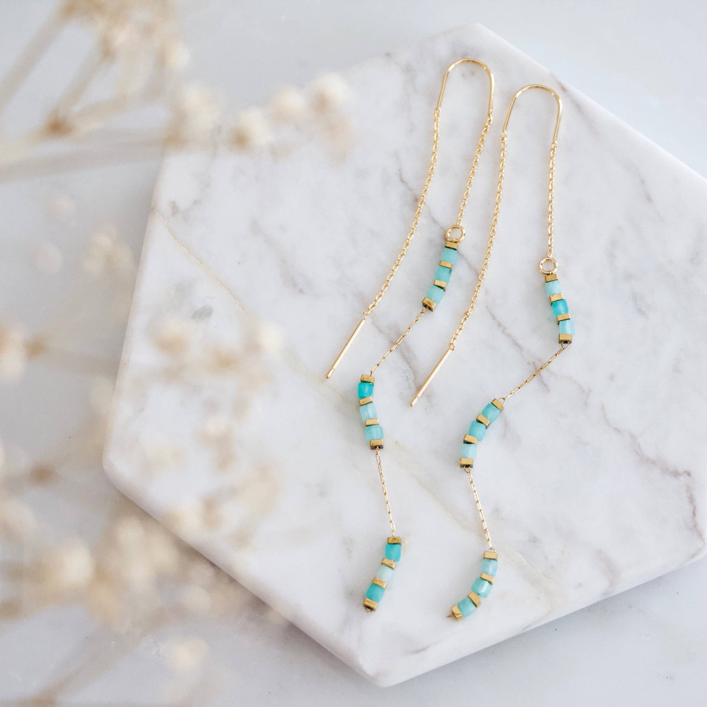 Square Gemstone Threader Earrings