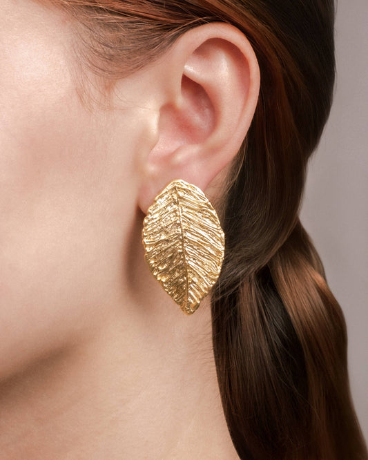 Gold Textured Leaf Stud Earring