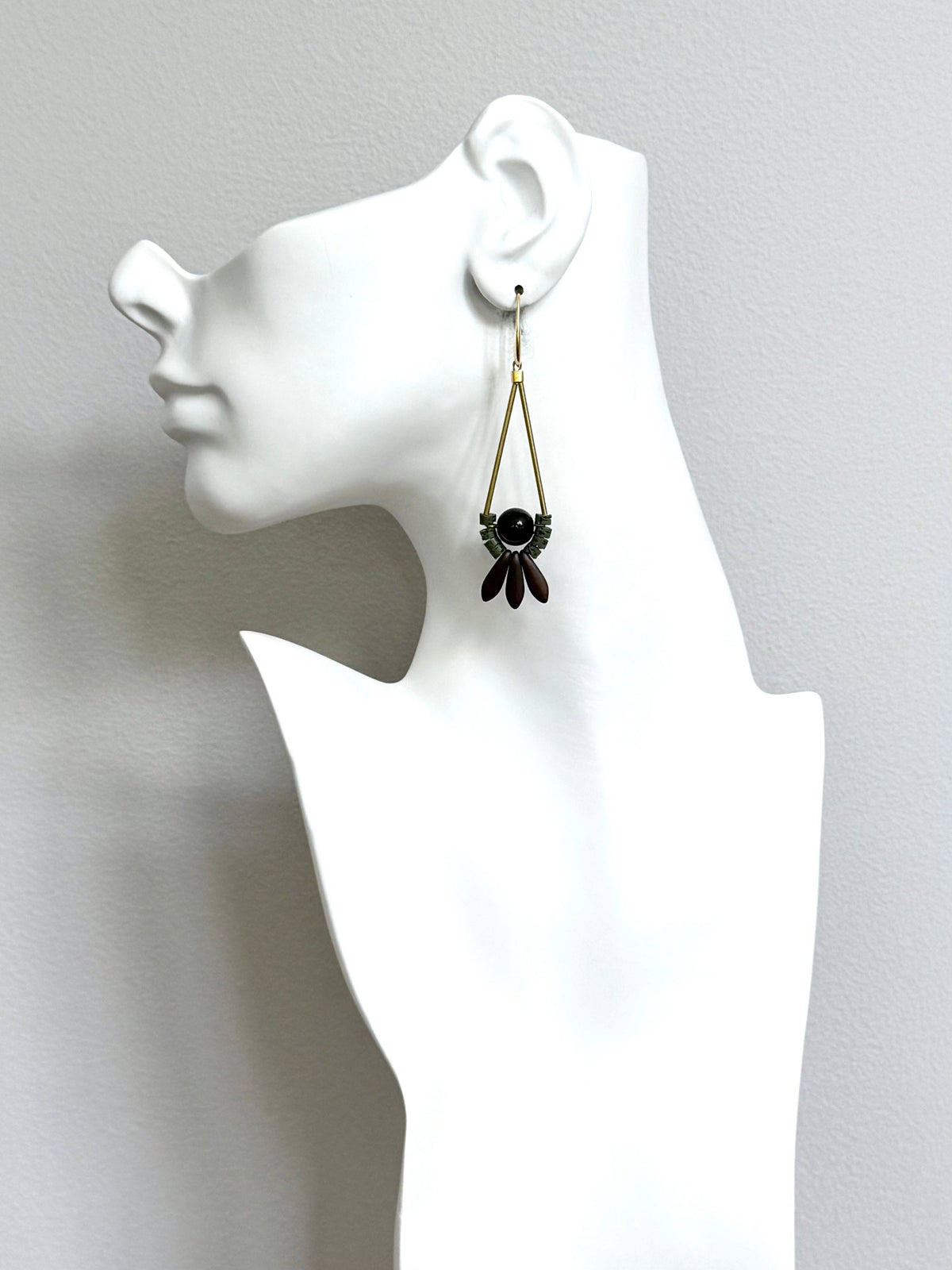 Copper, moss, and jet drop earrings