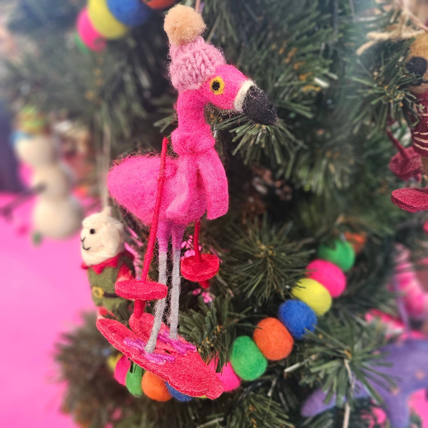 Skiing Flamingo Ornament