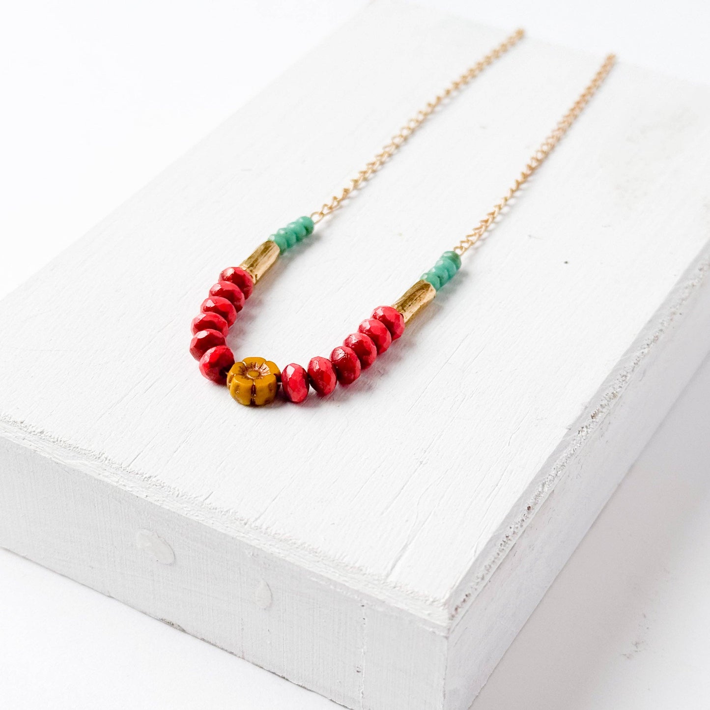 Dainty flower necklace with red beads, Dainty Necklace