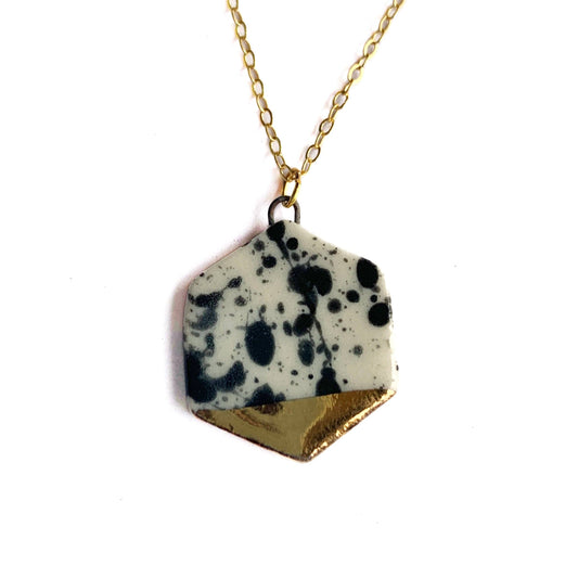 Small Hexagon Necklace - Black Splatter/Gold