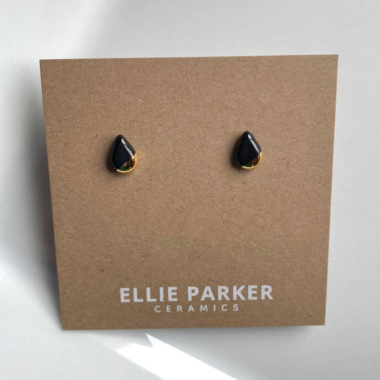 Teardrop Black Ceramic Earrings with Gold Luster