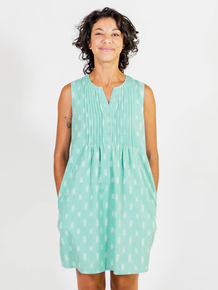 Pintucked Away Dress Aqua Ikat