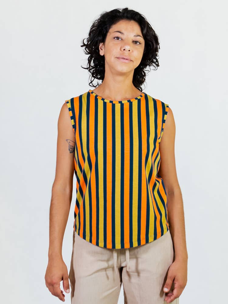 Millie Muscle Tee Navy Chartreuse Stripe