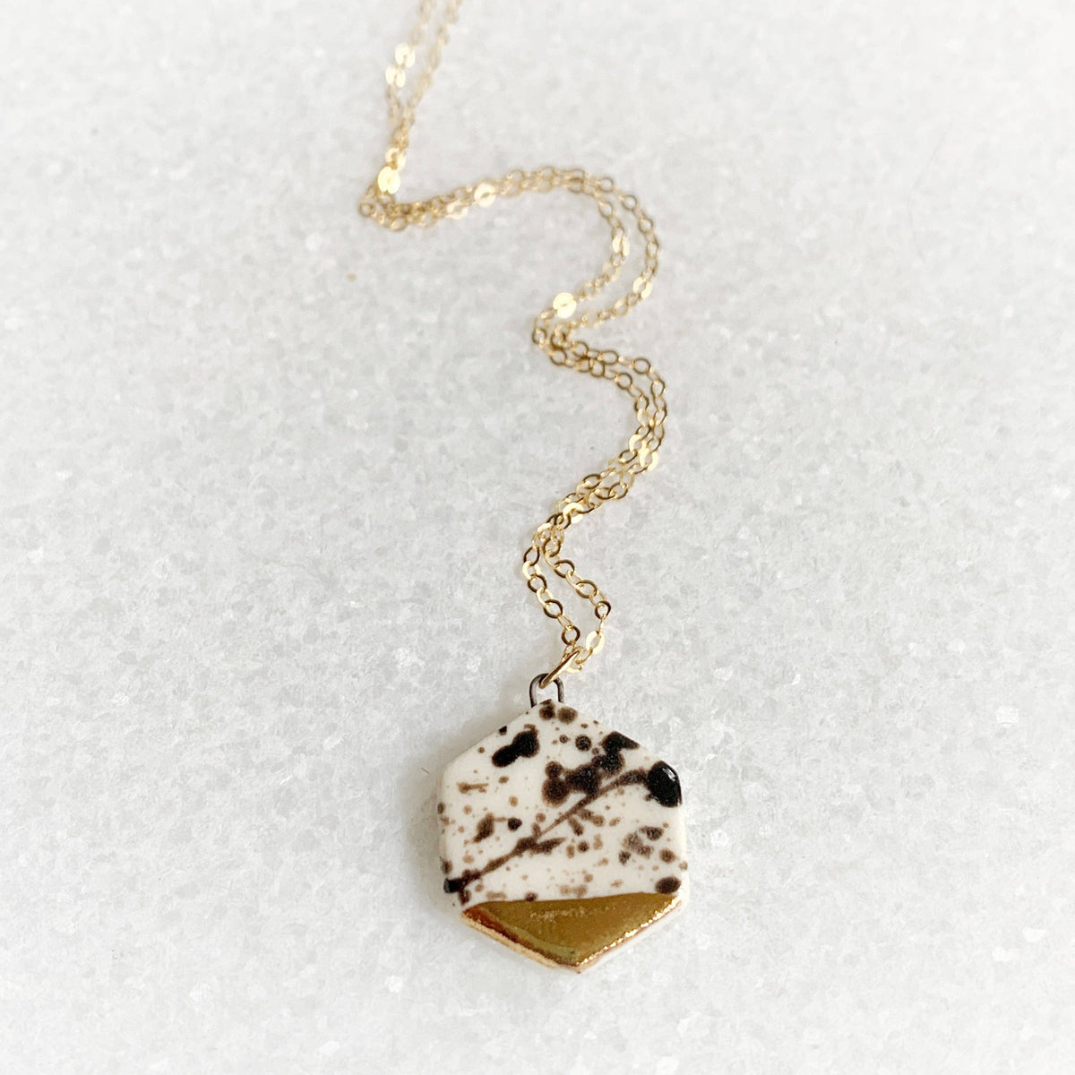 Small Hexagon Necklace - Black Splatter/Gold