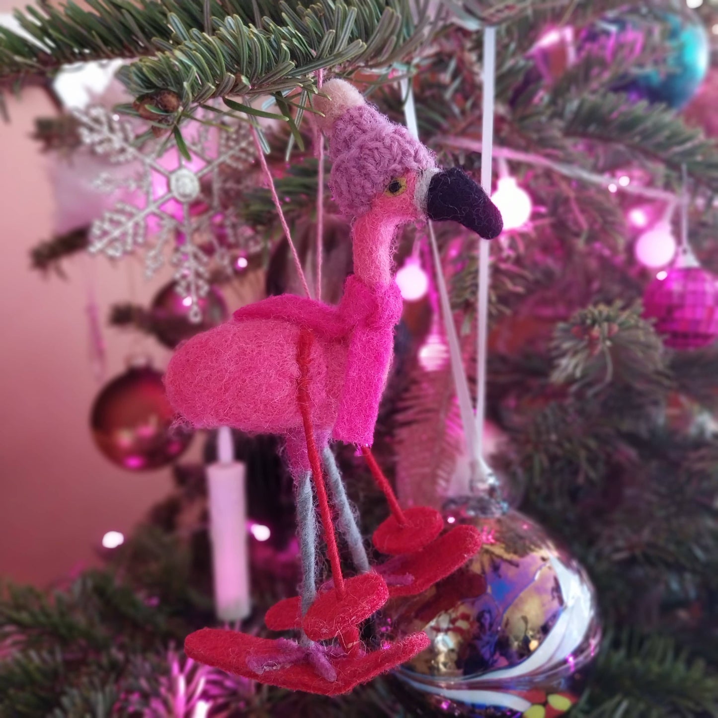 Skiing Flamingo Ornament