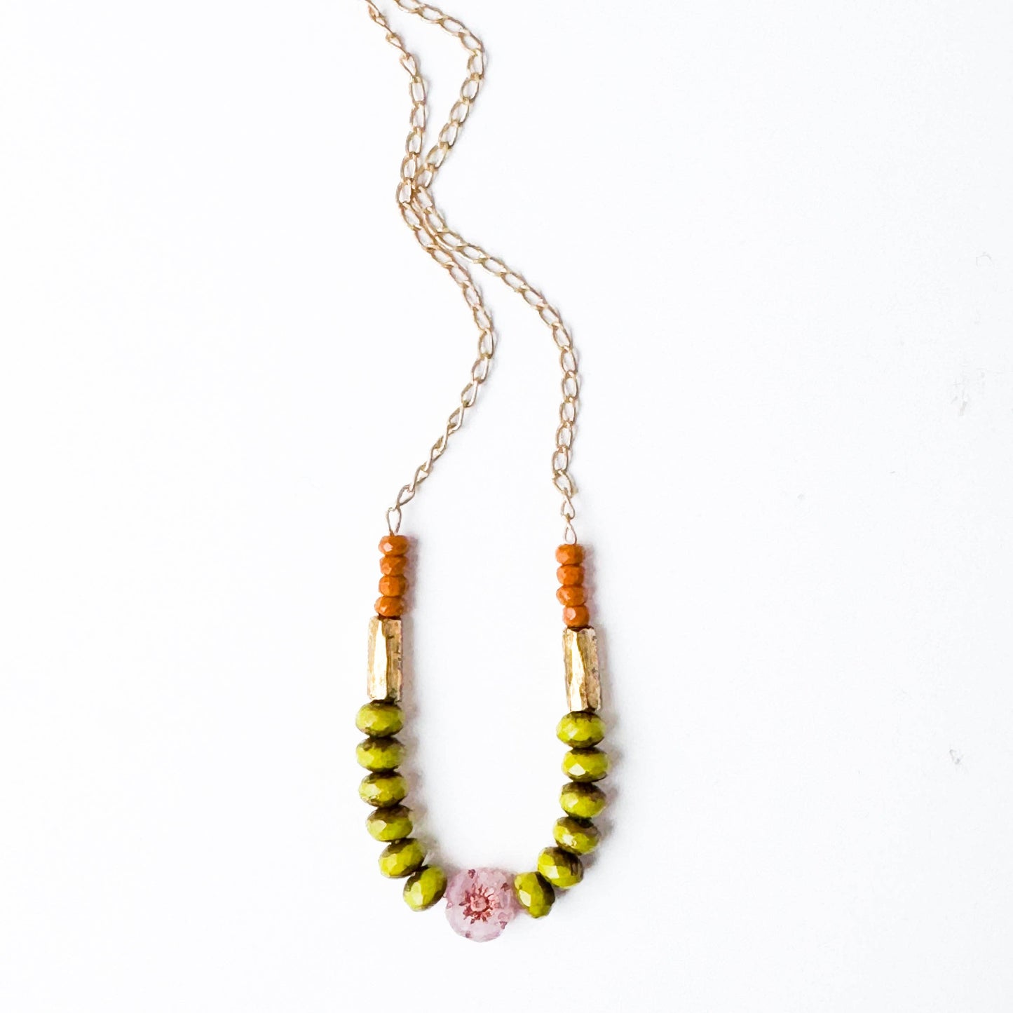 Dainty flower necklace with chartreuse beads