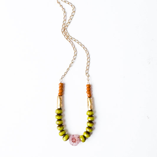 Dainty flower necklace with chartreuse beads