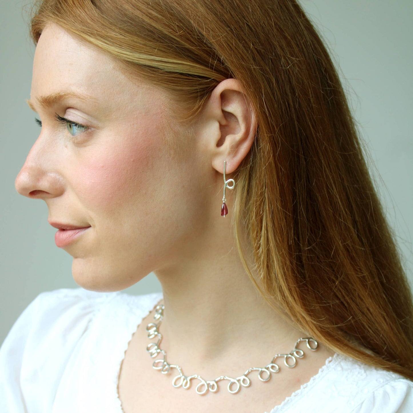 Short Reflection Earrings with Rhodolite Garnet