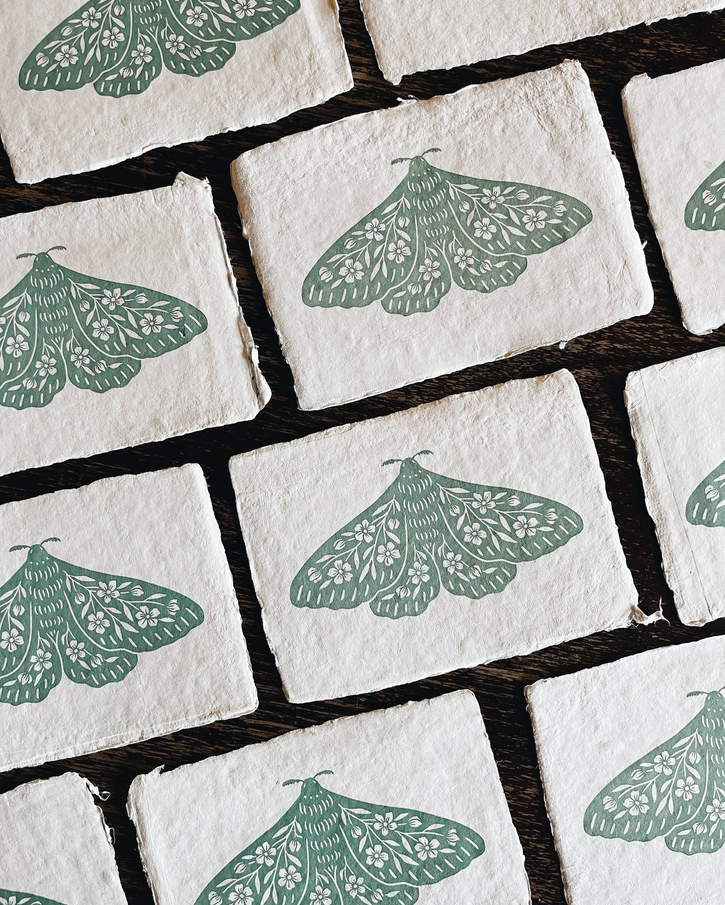 5x7 Seafoam Floral Moth Block Print