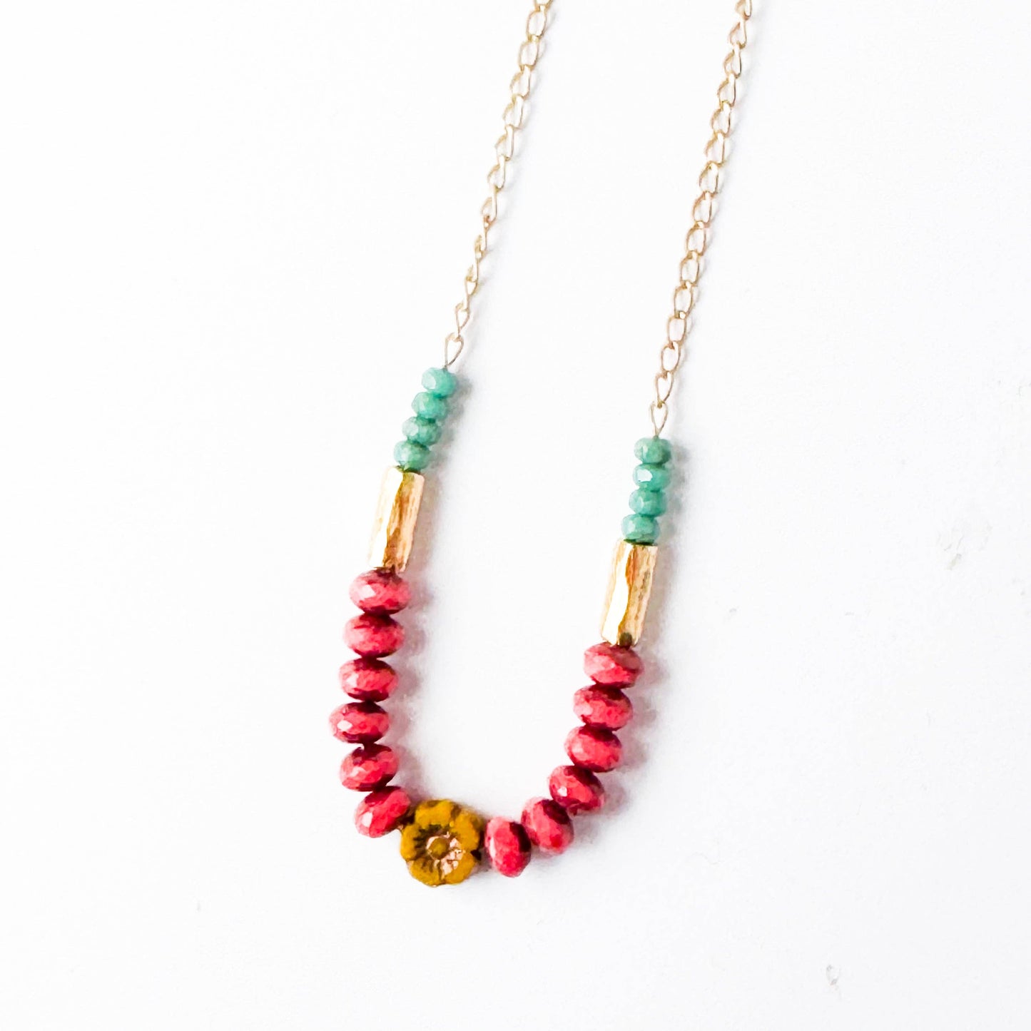 Dainty flower necklace with red beads, Dainty Necklace