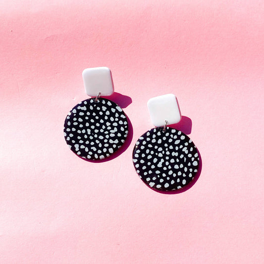 Black and White Polymer Clay Polka Dot Color Block Dangles