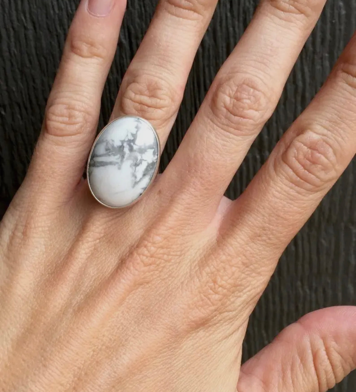 Large Oval White & Gray Howlite Ring