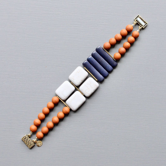 Navy and Gray Glass and Magnesite Beaded Bracelet