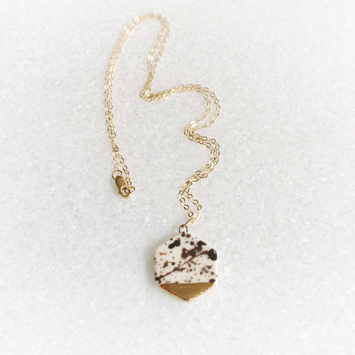 Small Hexagon Necklace - Black Splatter/Gold