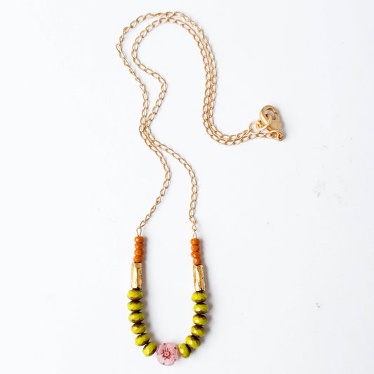 Dainty flower necklace with chartreuse beads