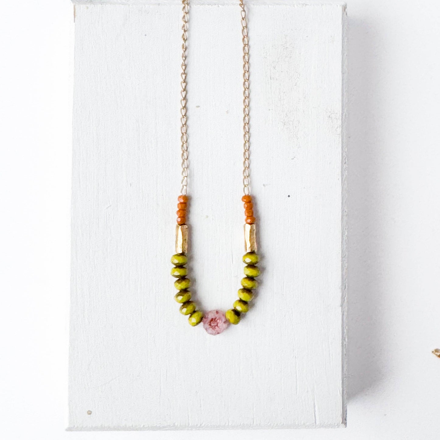 Dainty flower necklace with chartreuse beads