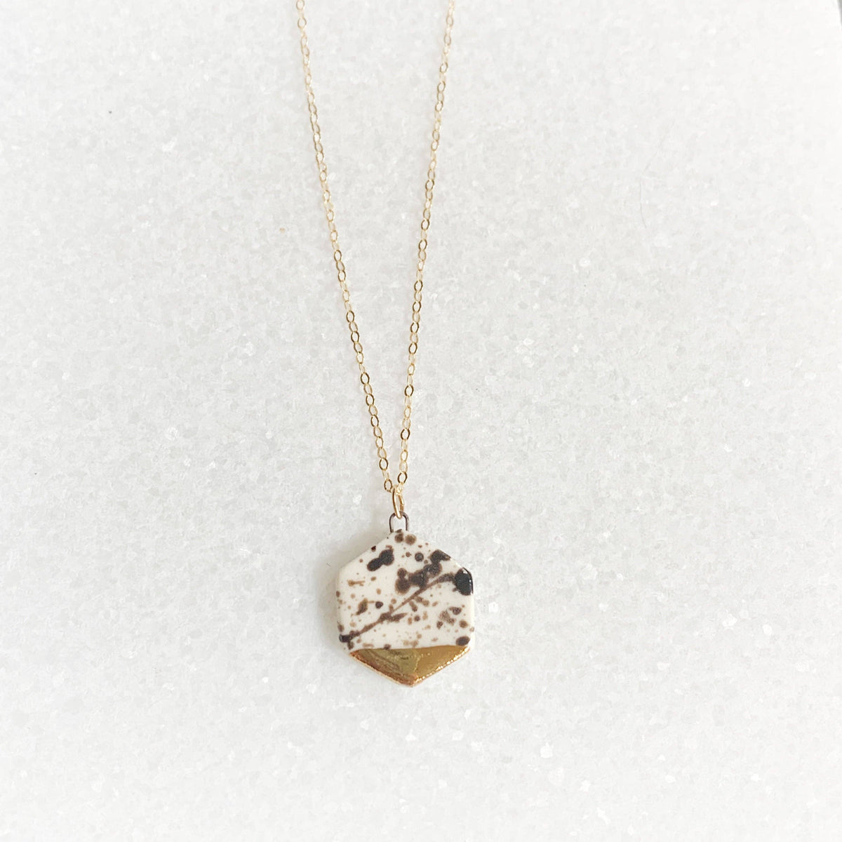 Small Hexagon Necklace - Black Splatter/Gold