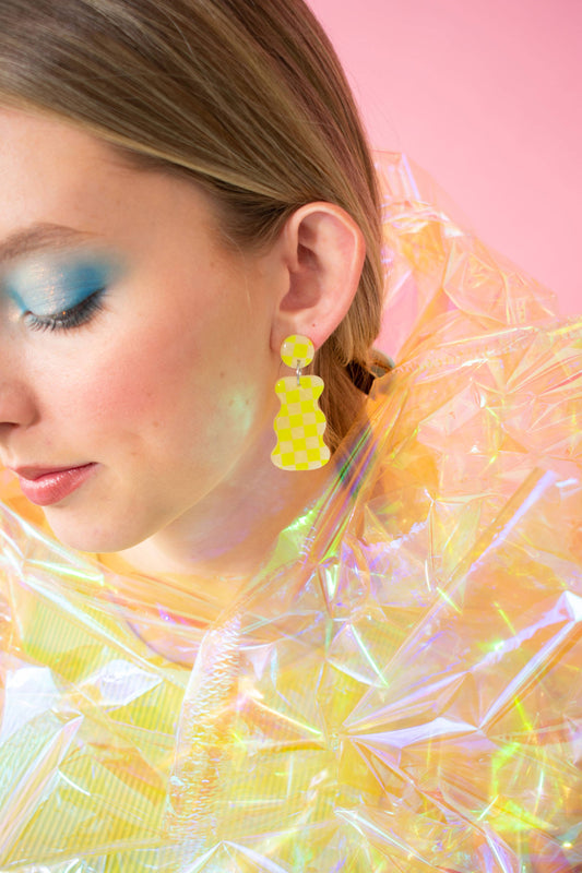 Polymer Clay Abstract Earrings in Neon Checker