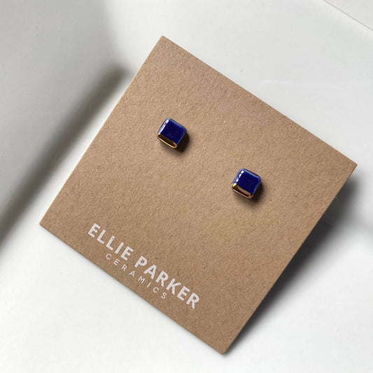 Square Navy Blue Ceramic Earrings with Gold Luster