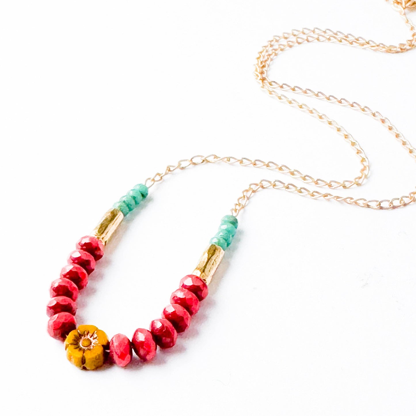 Dainty flower necklace with red beads, Dainty Necklace