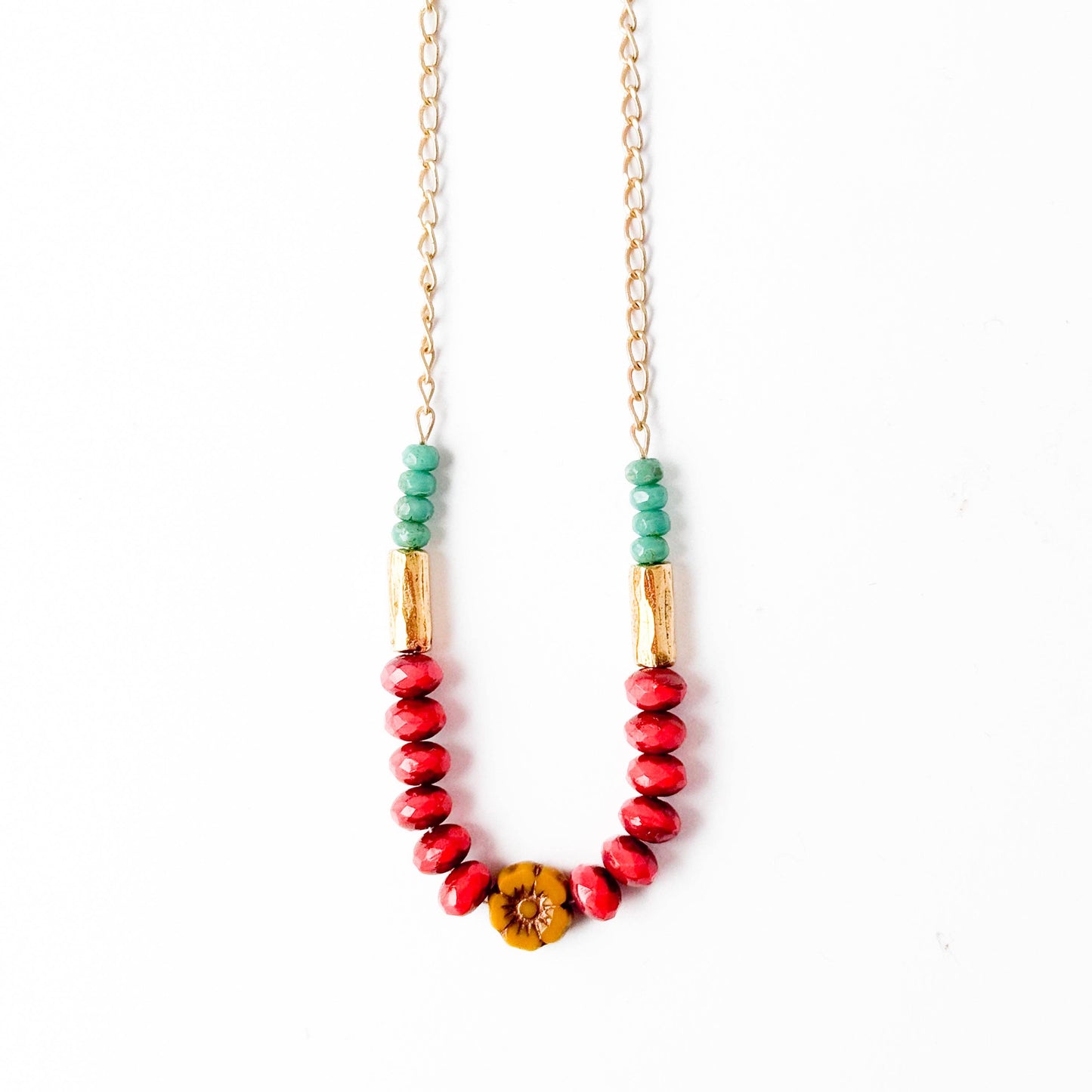 Dainty flower necklace with red beads, Dainty Necklace