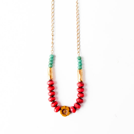 Dainty flower necklace with red beads, Dainty Necklace