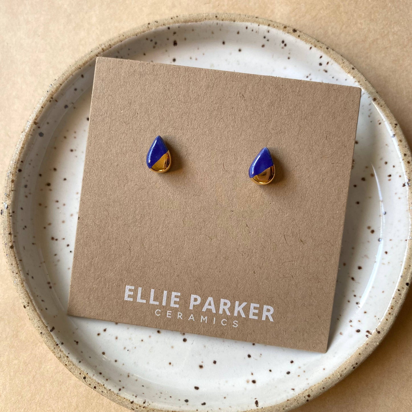 Teardrop Navy Blue Ceramic Earrings with Gold Luster