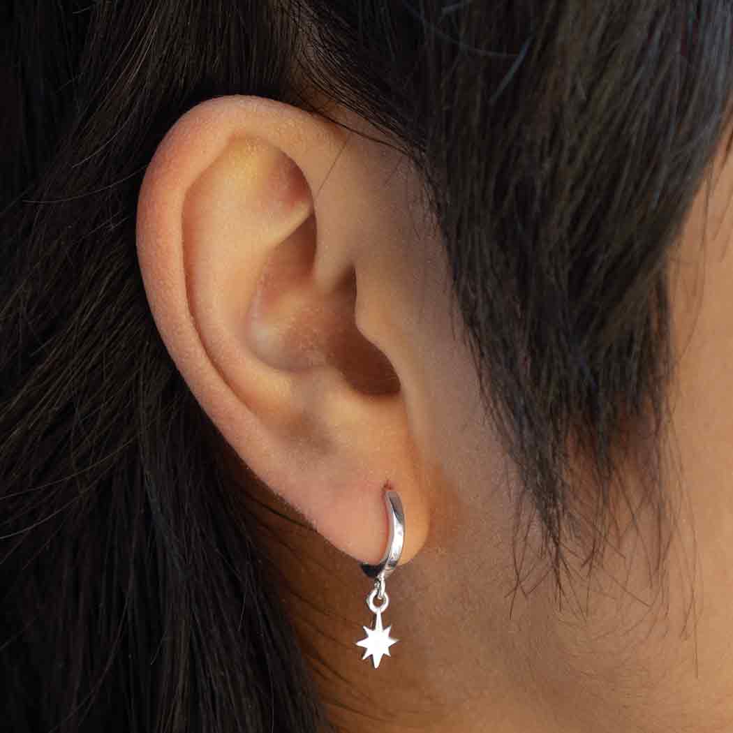 Sterling Silver Huggie Hoop Earrings with North Star