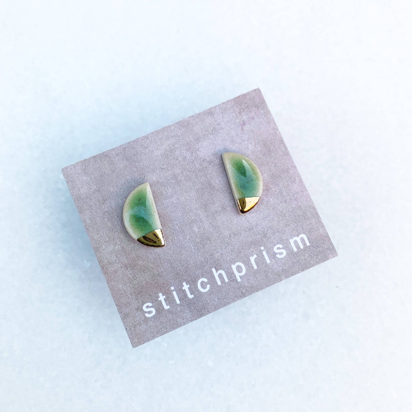 Green + Gold Half Moon Studs