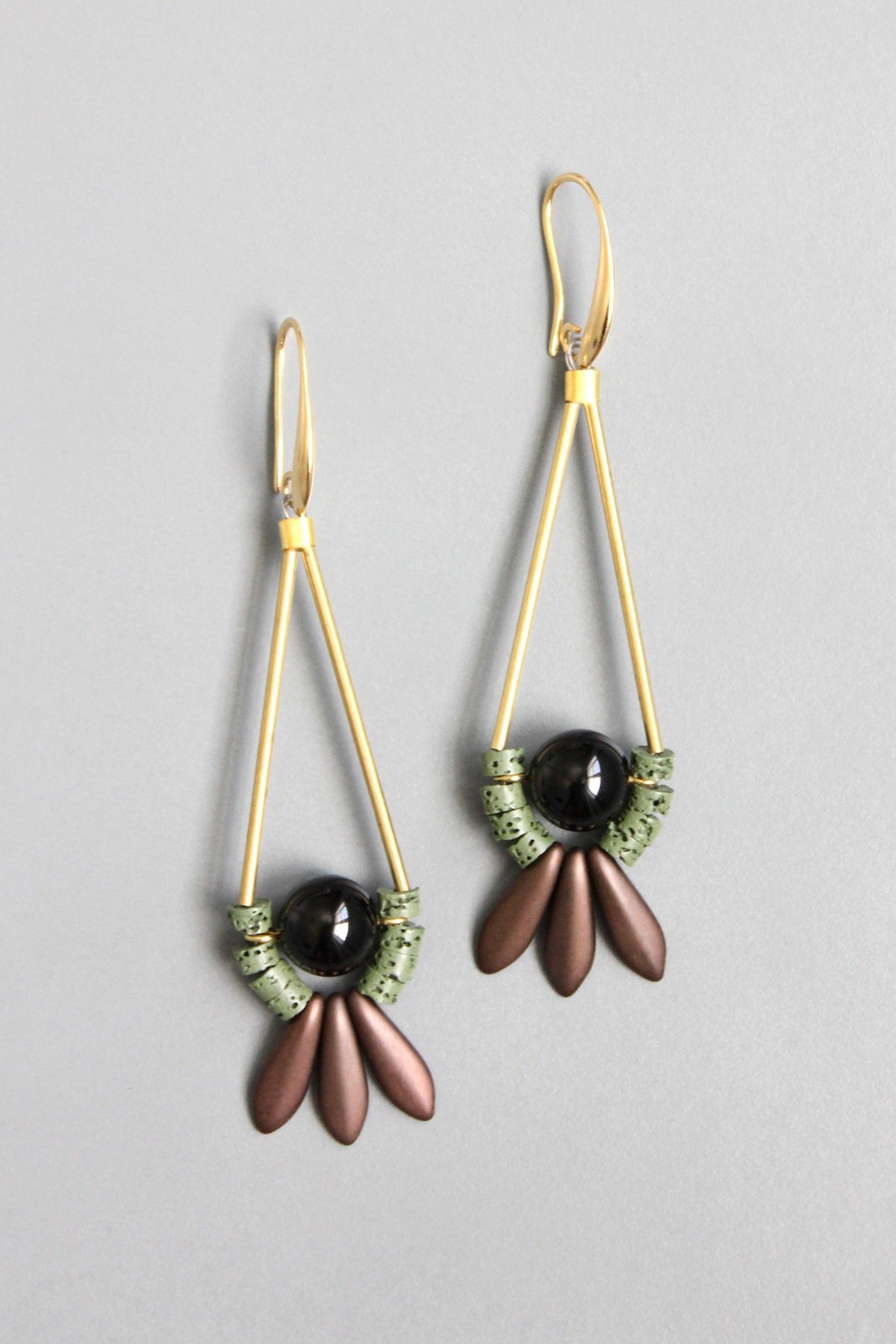 Copper, moss, and jet drop earrings
