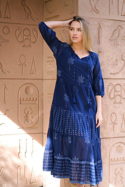 Bells Maxi Dress Hand Block Printed Blue