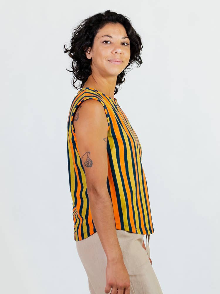 Millie Muscle Tee Navy Chartreuse Stripe