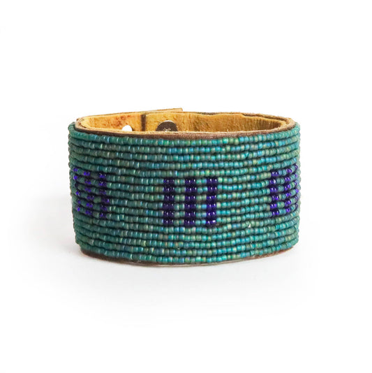 Large Peacock Stitches Beaded Leather Cuff